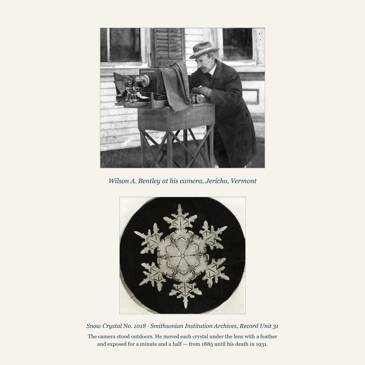 Wilson Bentley at his bellows camera in Jericho, Vermont, and the print of Snow Crystal No. 1018 from the Smithsonian Institution Archives