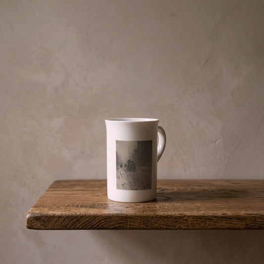 Alfred Stieglitz: Winter, Fifth Avenue, 1893 – porcelain art mug on an oiled oak shelf against a limewashed wall