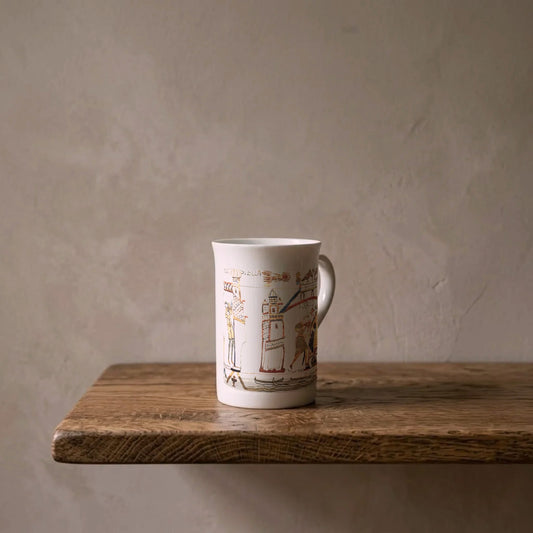 Bayeux Tapestry: Halley's Comet, 1066 – porcelain art mug on an oiled oak shelf against a limewashed wall