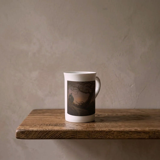 Caspar David Friedrich: Two Men Contemplating the Moon, 1825 – porcelain art mug on an oiled oak shelf against a limewashed wall