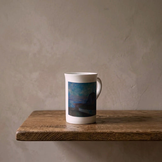 Edvard Munch: Starry Night, 1893 – porcelain art mug on an oiled oak shelf against a limewashed wall