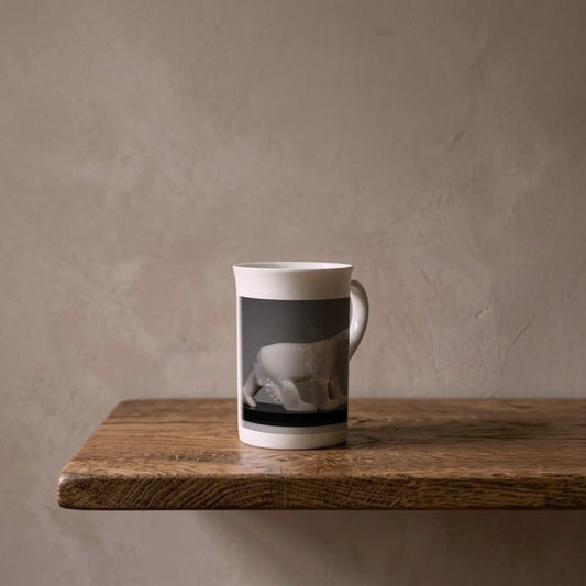 François Pompon: Eisbär, 1922 – Kunsttasse aus Porzellan auf einem geölten Eichenregal vor einer gekalkten Wand