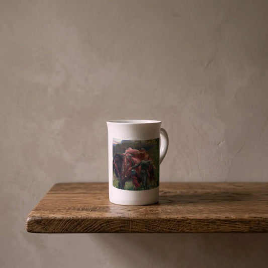 Frank Bernard Dicksee: La Belle Dame sans Merci, 1902 – porcelain art mug on an oiled oak shelf against a limewashed wall