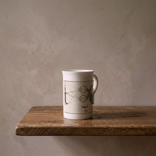 Jan Luyken: The Workings of the Eye, 1682 – porcelain art mug on an oiled oak shelf against a limewashed wall