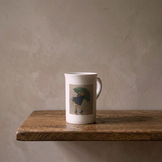 Jessie Willcox Smith: Girl with the Umbrella, 1922 – porcelain art mug on an oiled oak shelf against a limewashed wall