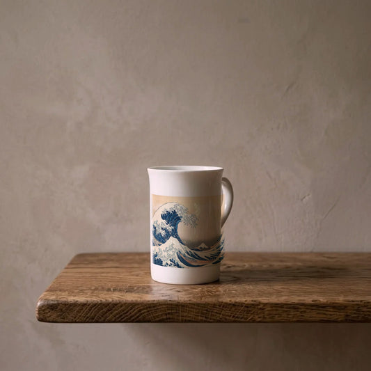 Katsushika Hokusai: The Great Wave off Kanagawa, c. 1831 – porcelain art mug on an oiled oak shelf against a limewashed wall