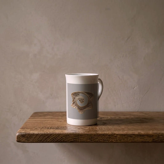 Mexica Feathered Serpent Pendant – porcelain art mug on an oiled oak shelf against a limewashed wall