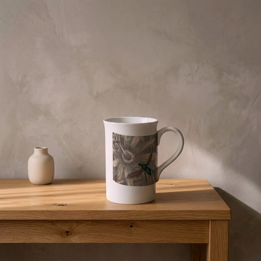Orchid bee and passionflower, Musée entomologique illustré 1878 – porcelain art mug on an oiled oak shelf against a limewashed wall