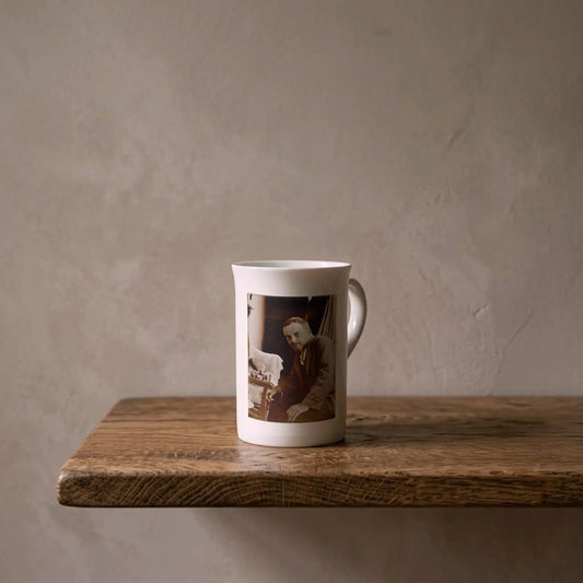 Paul Klee in His Studio, 1921 – porcelain art mug on an oiled oak shelf against a limewashed wall