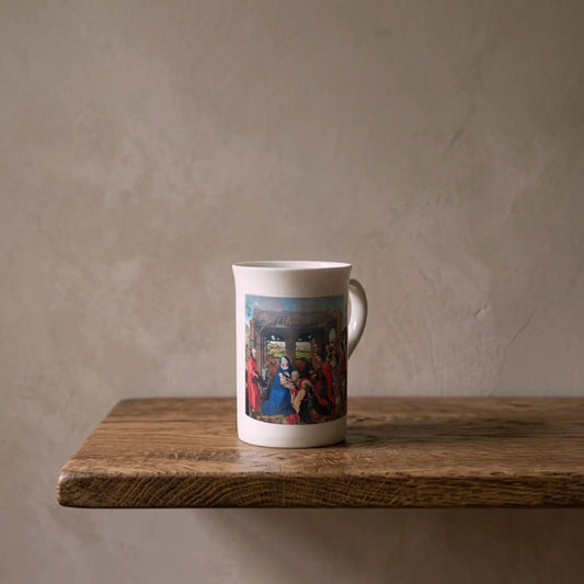 Rogier van der Weyden: Adoration of the Magi, 1455 – porcelain art mug on an oiled oak shelf against a limewashed wall