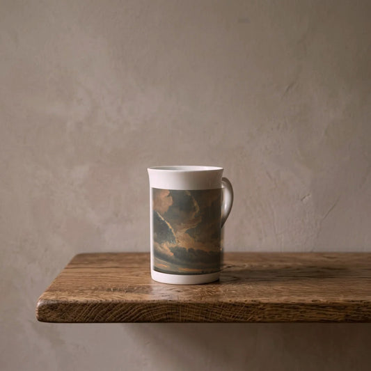 Simon Denis: Cloud Study at Sunset, c. 1800 – porcelain art mug on an oiled oak shelf against a limewashed wall