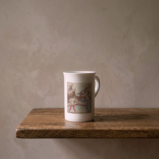 Tacuinum Sanitatis: Nix et Glacies, c. 1390 – porcelain art mug on an oiled oak shelf against a limewashed wall