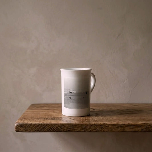 The Wright Brothers at Kitty Hawk, 1903 – porcelain art mug on an oiled oak shelf against a limewashed wall