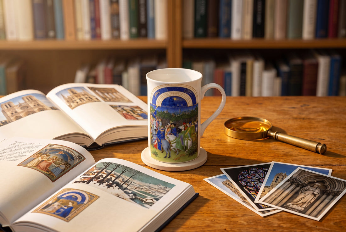 Scholar's desk with open art history books and a fine porcelain mug — morning light
