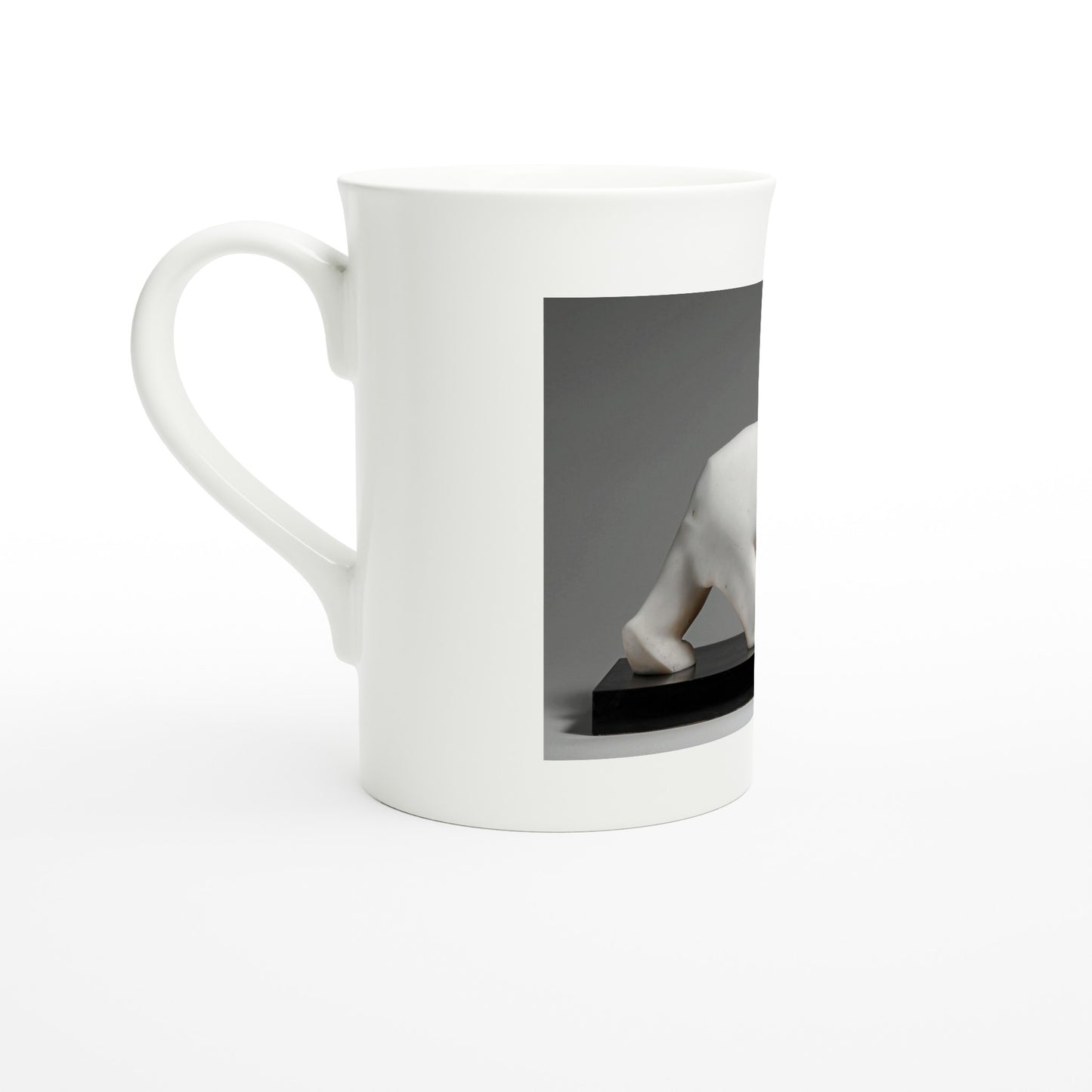 Tazzarte Polar Bear mug viewed from the left, handle in foreground with the sculpture print wrapping around the back