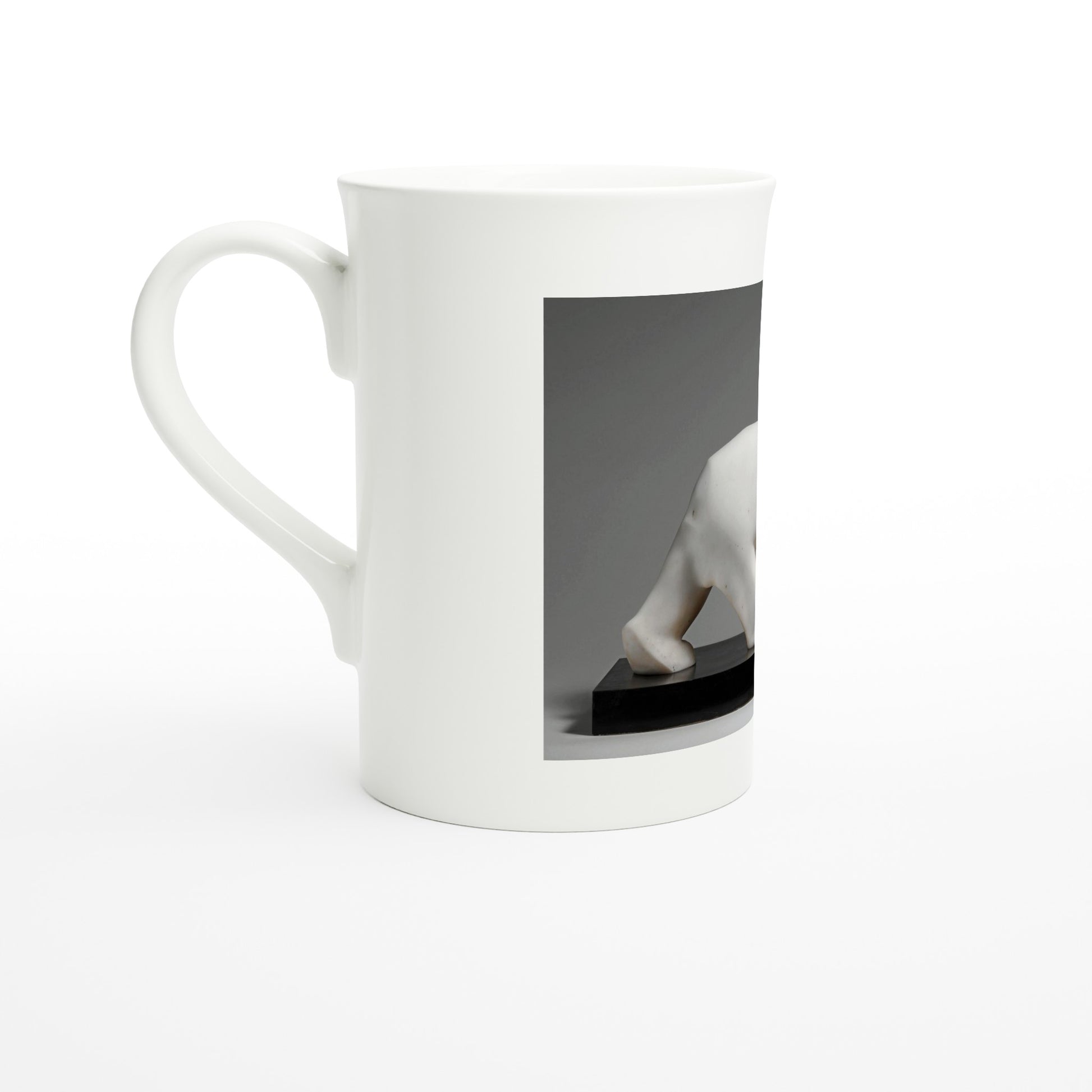 Tazzarte Polar Bear mug viewed from the left, handle in foreground with the sculpture print wrapping around the back