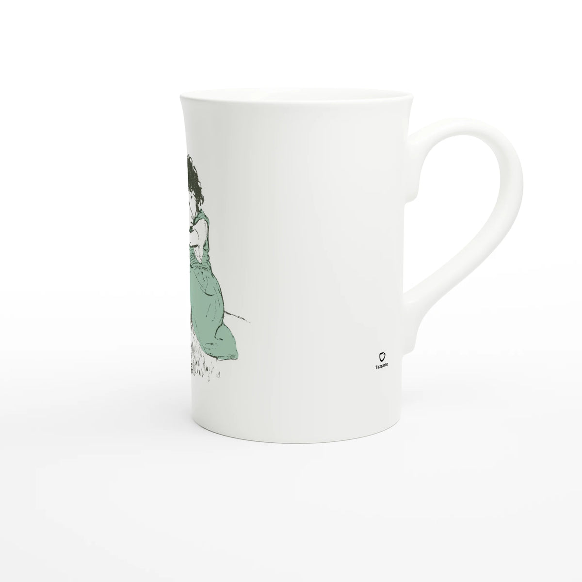 Heidi Hugging a Goat – porcelain art mug seen from the side, handle on the right