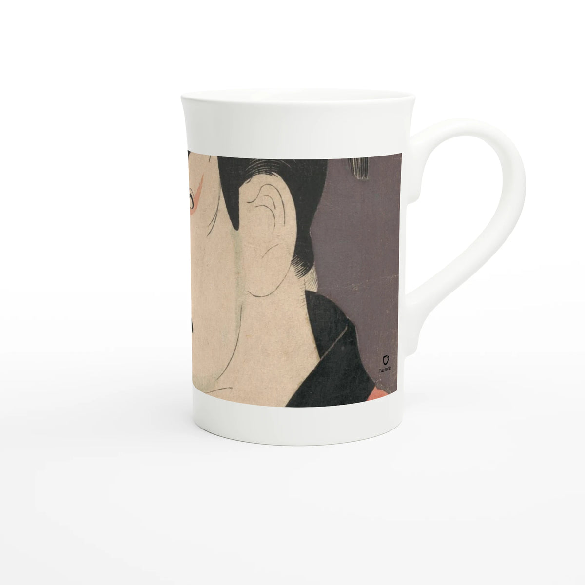 Sharaku's kabuki actor on a white porcelain mug, right view