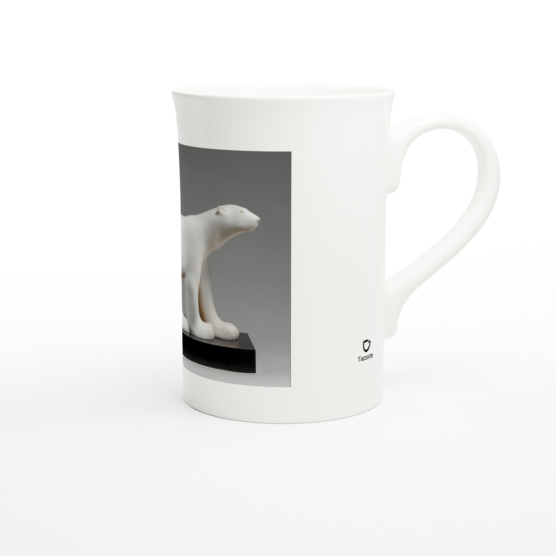 Tazzarte Polar Bear mug from the right with handle and small Tazzarte logo below the sculpture print