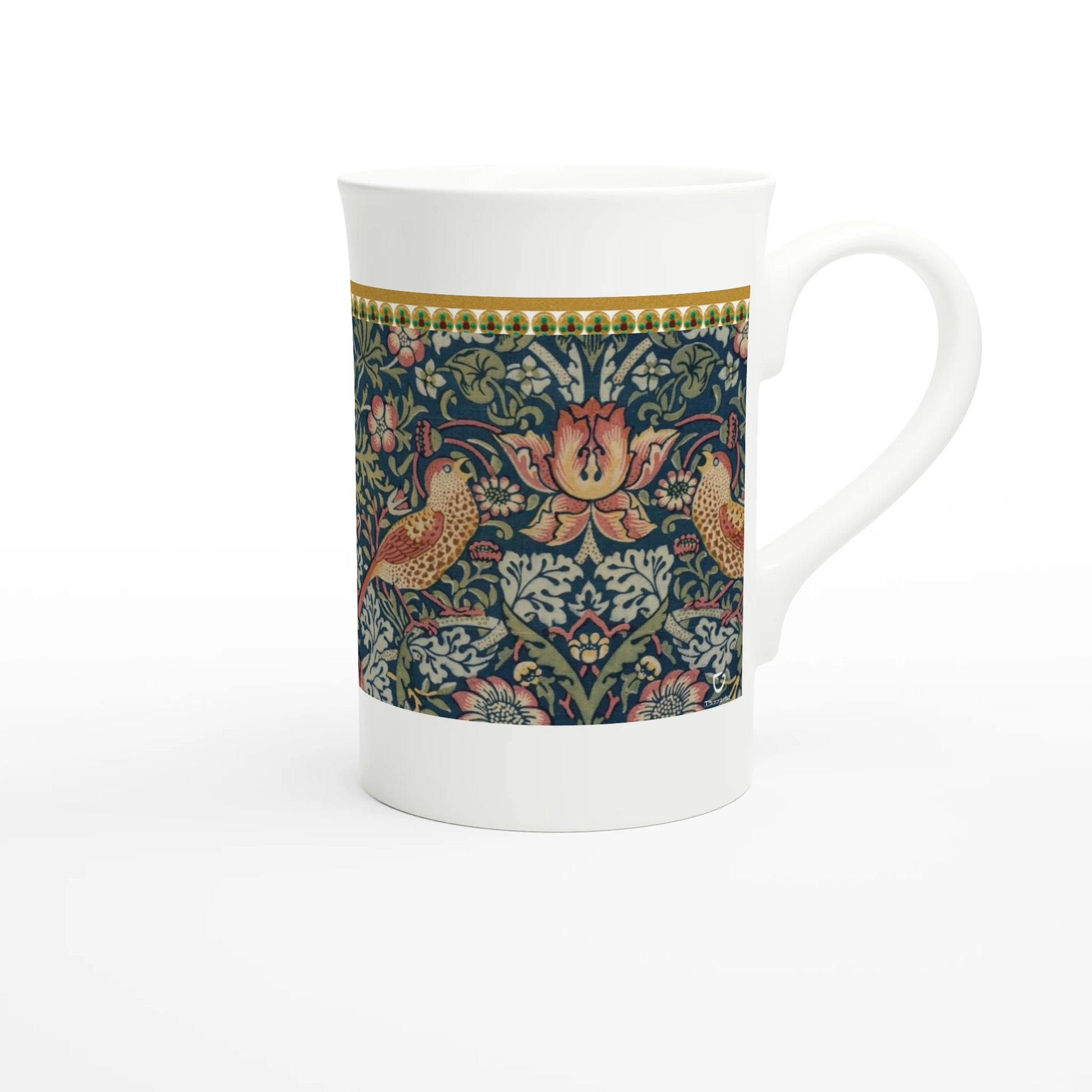 William Morris – Strawberry Thief, 1883 – Tazzarte fine porcelain mug, handle at right with the Tazzarte mark