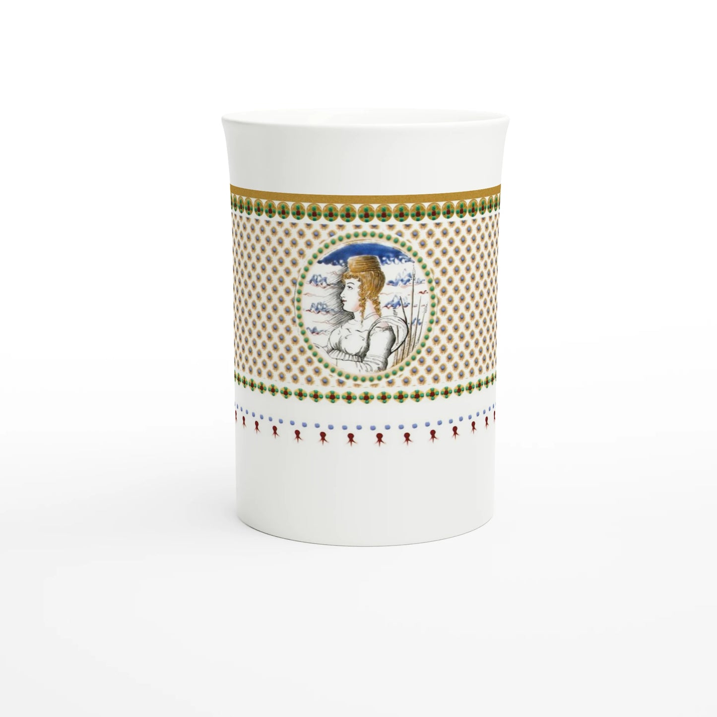 Venetian marriage beaker, c. 1480 – Tazzarte fine porcelain mug, front view with the enamelled portrait medallion and the gilded rim band
