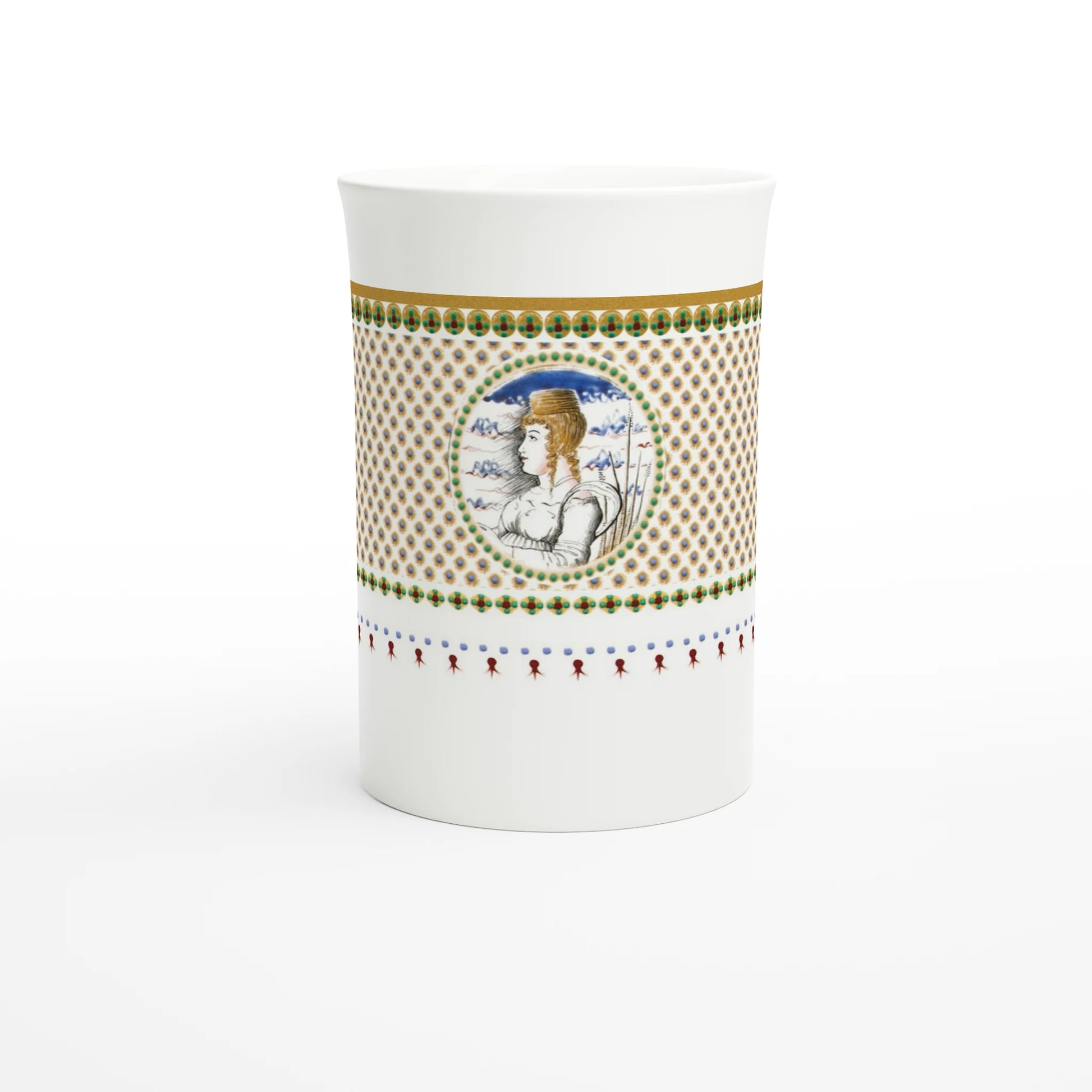 Venetian marriage beaker, c. 1480 – Tazzarte fine porcelain mug, front view with the enamelled portrait medallion and the gilded rim band