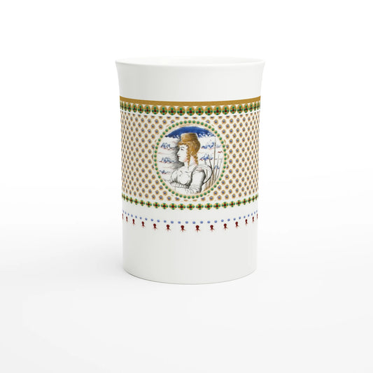 Venetian marriage beaker, c. 1480 – Tazzarte fine porcelain mug, front view with the enamelled portrait medallion and the gilded rim band