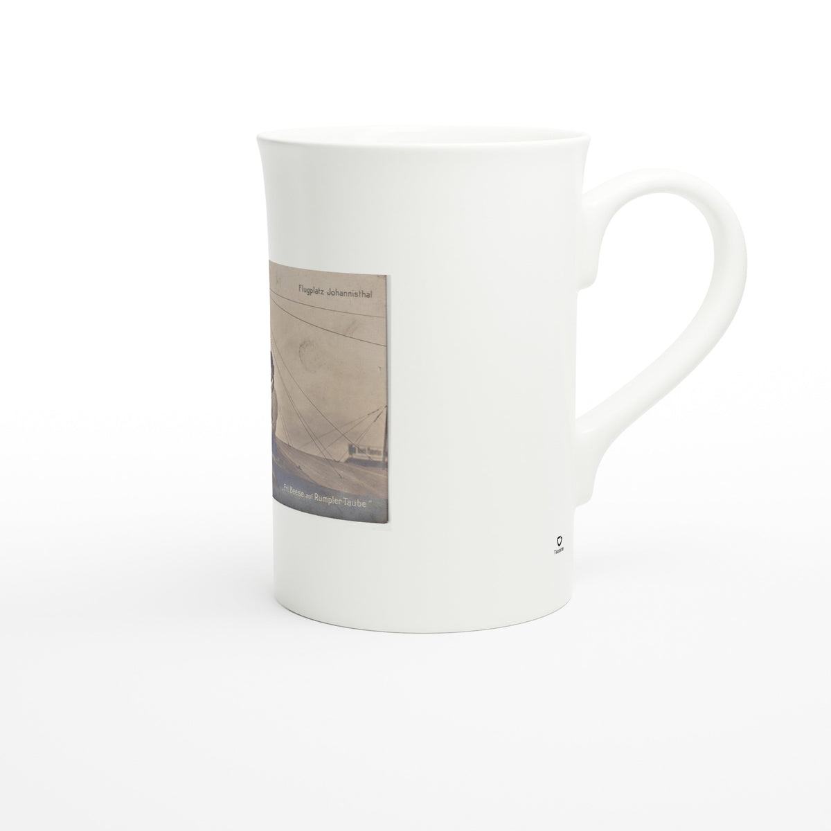 Melli Beese on a Rumpler Taube, Johannisthal 1911 – Tazzarte fine porcelain mug, right view with Tazzarte logo beside the handle