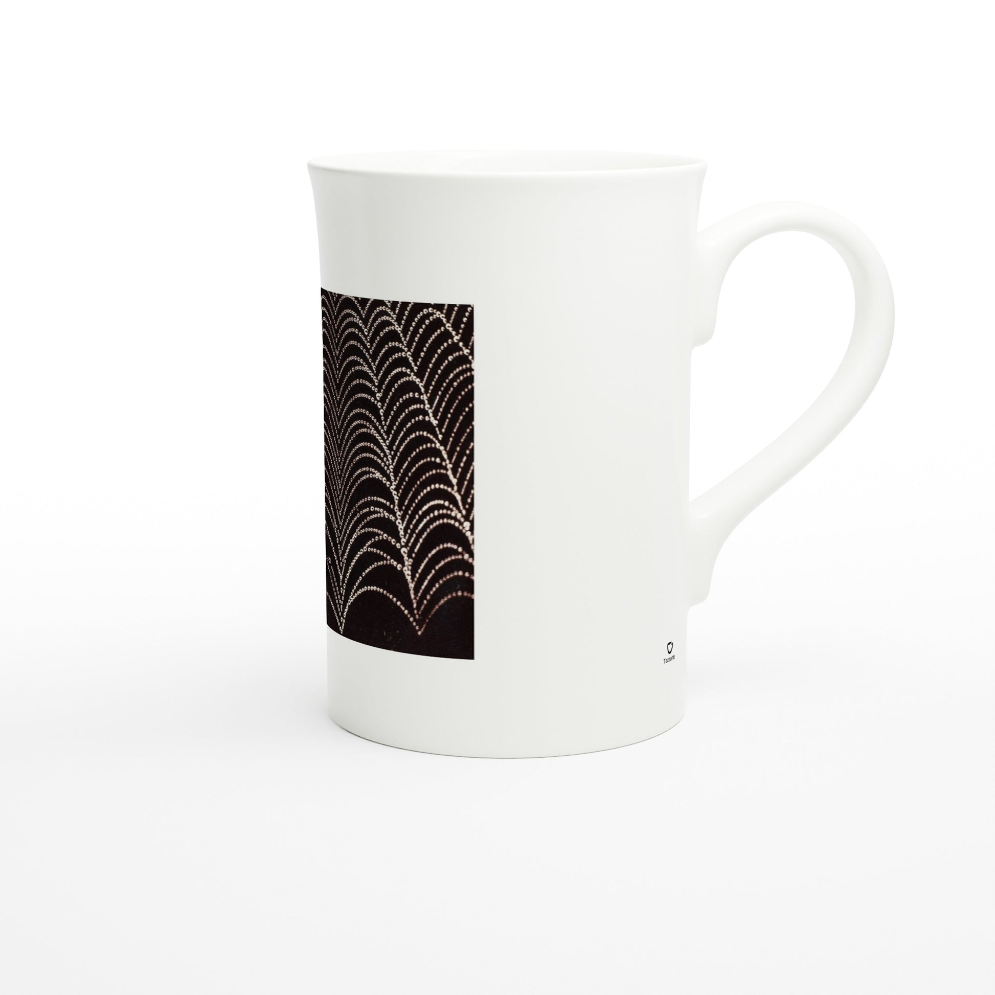 Tazzarte fine porcelain mug, right view with the Tazzarte logo beside the handle