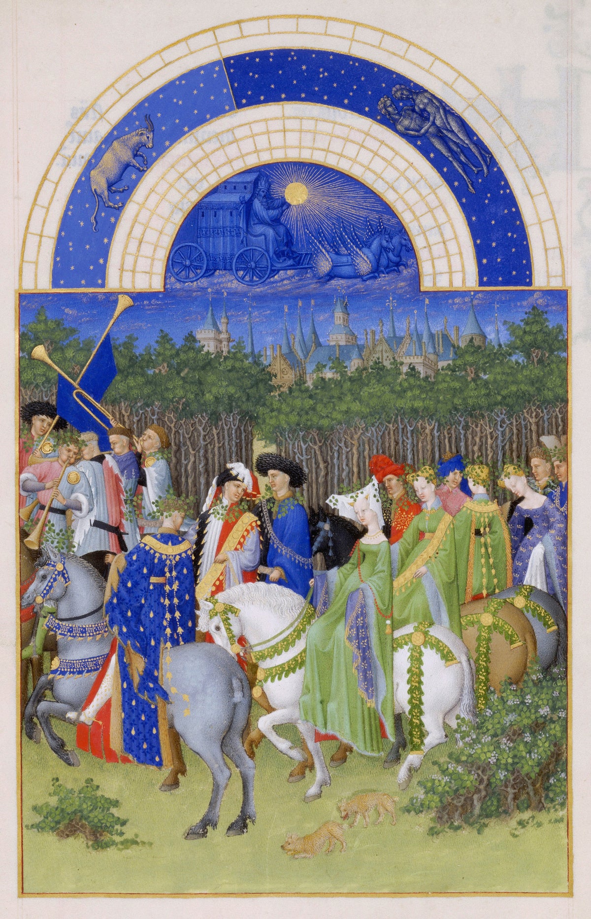 The source sheet: the complete May folio of Les Très Riches Heures du Duc de Berry, Limbourg Brothers, c. 1412–1416, Musée Condé, Chantilly — with the gilded border and the zodiac arch that the mug does not carry