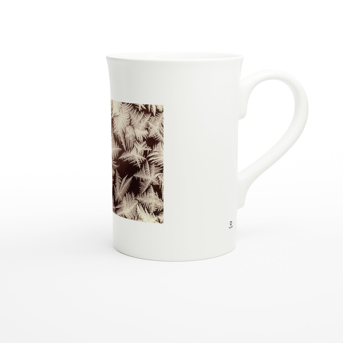 Tazzarte fine porcelain mug, right view with the Tazzarte logo beside the handle