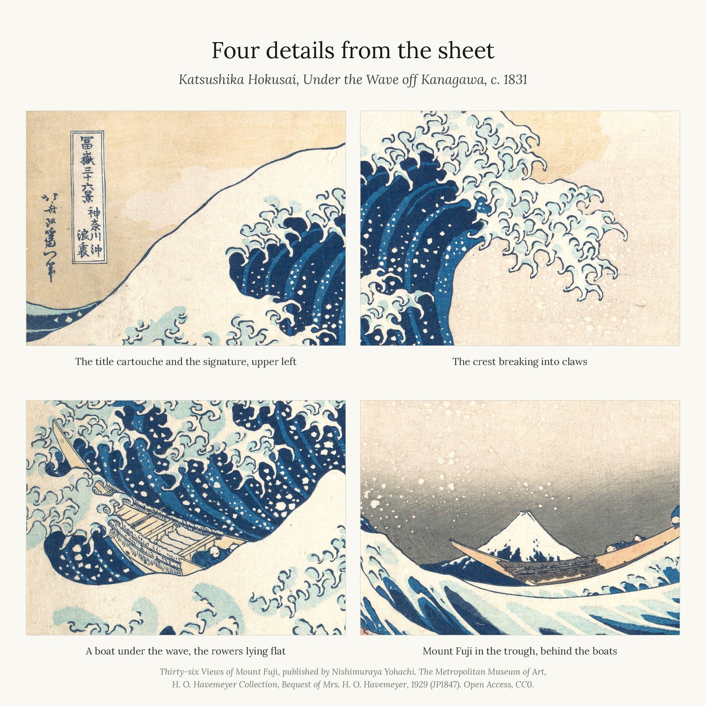 Four details from the sheet: the title cartouche with Hokusai's signature, the crest breaking into claws, a boat under the wave, and Mount Fuji in the trough