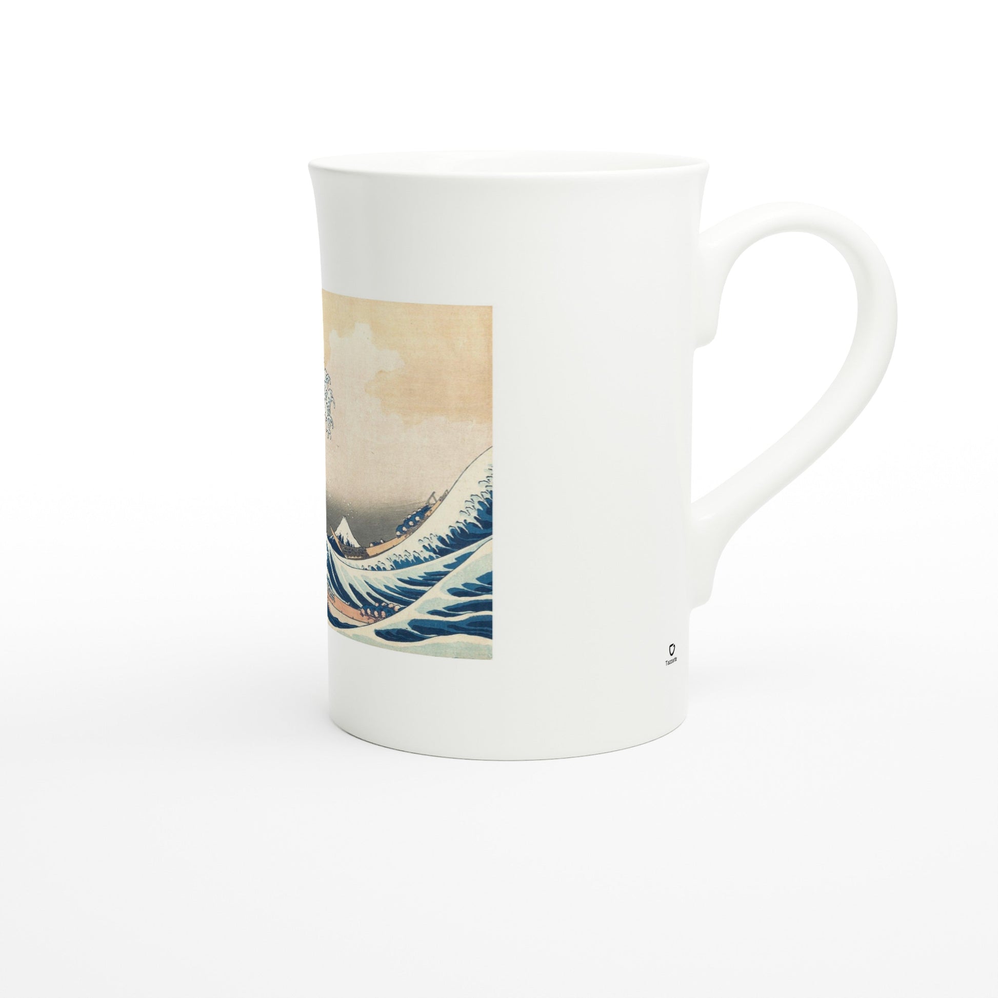 Tazzarte fine porcelain mug, right view with the Tazzarte logo beside the handle
