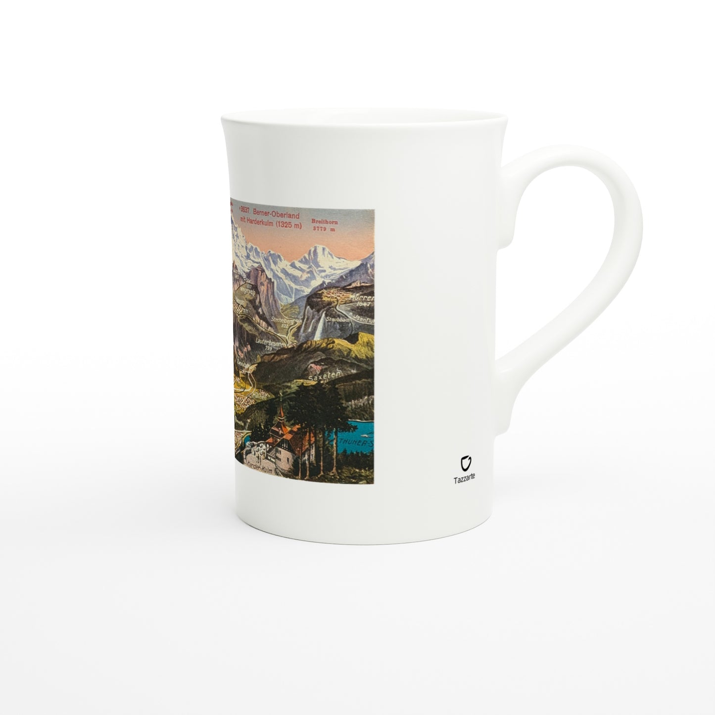 Tazzarte fine porcelain mug, right view with Tazzarte logo beside the handle