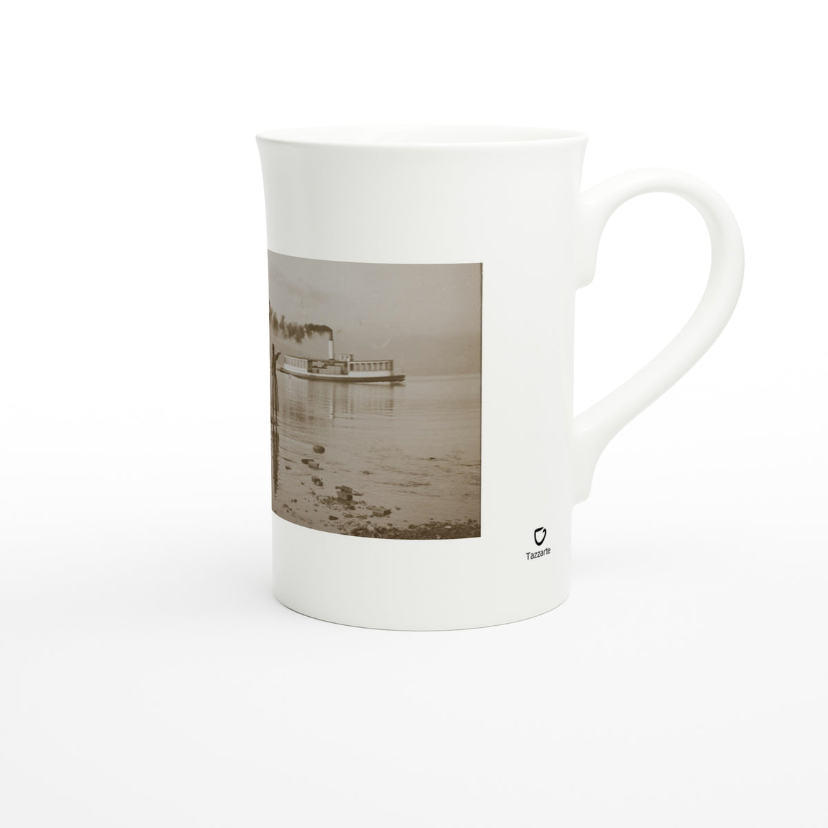 Tazzarte fine porcelain mug, right view with Tazzarte logo beside the handle