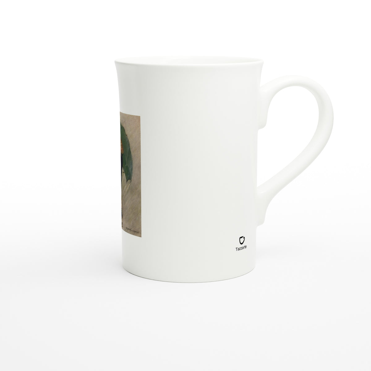 Tazzarte fine porcelain mug, right view with Tazzarte logo beside the handle