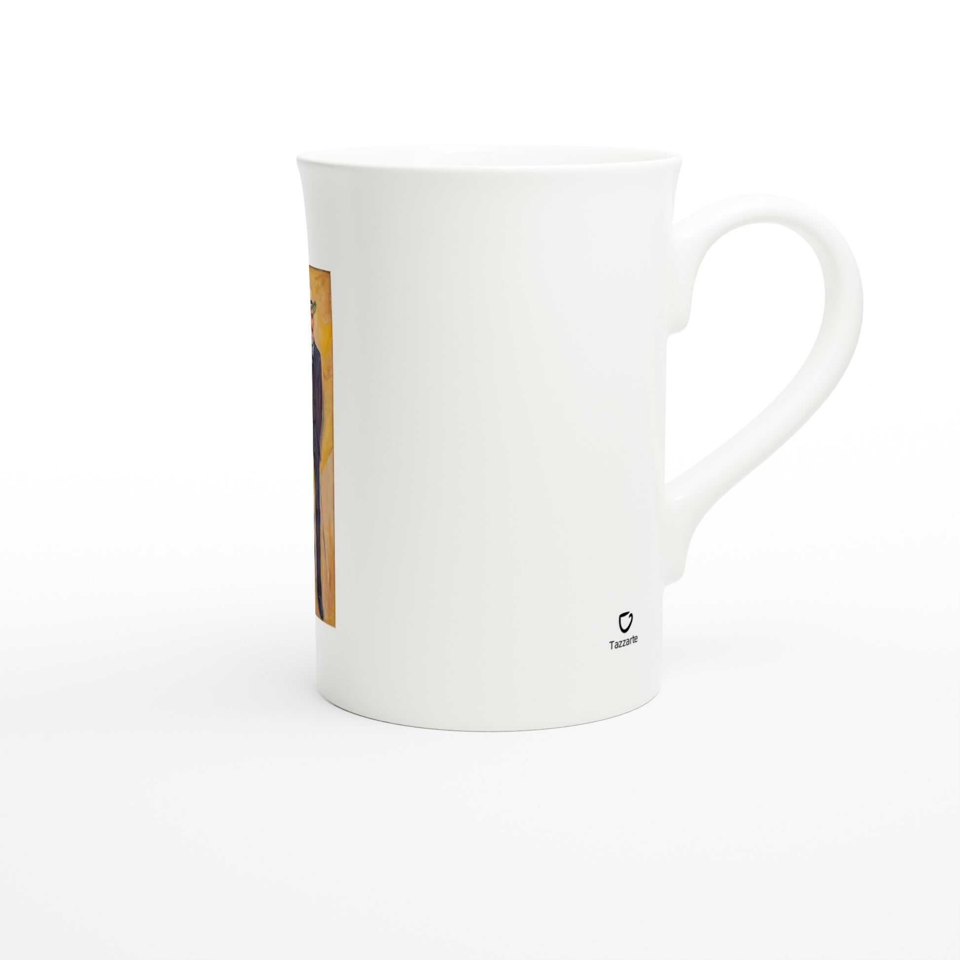 Tazzarte fine porcelain mug, right view with Tazzarte logo beside the handle