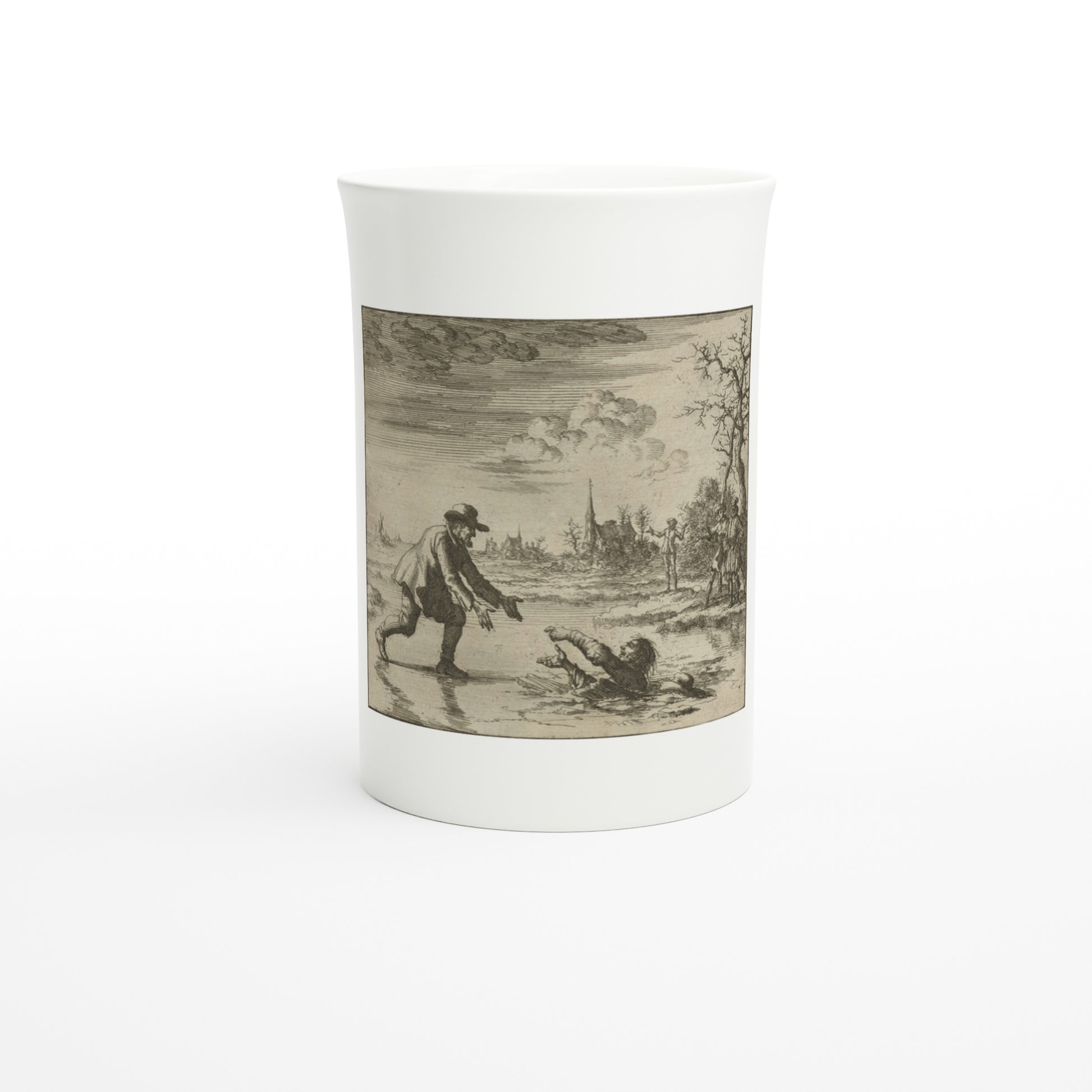 Fine porcelain mug with Jan Luyken's etching of Dirk Willems turning back to save his pursuer from the ice, 1569