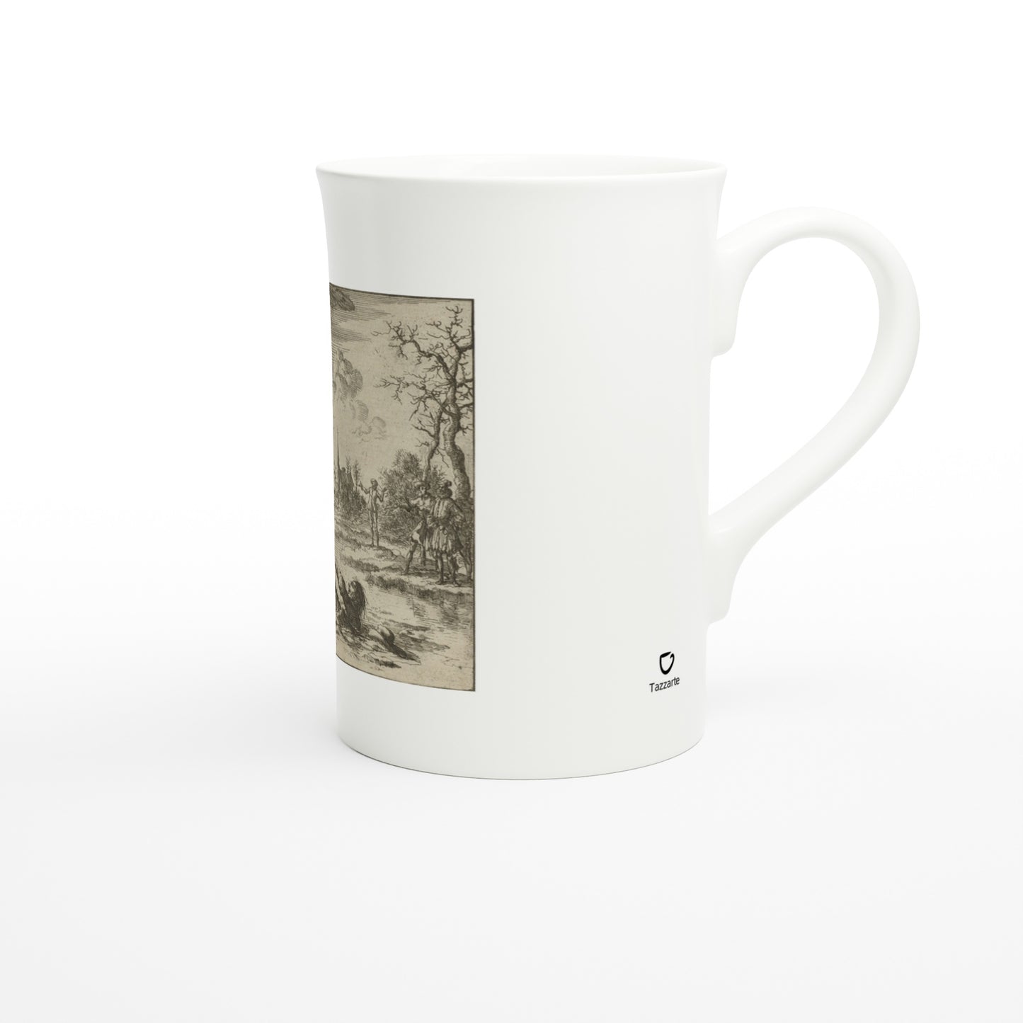 Side view of the mug showing the small black Tazzarte logo