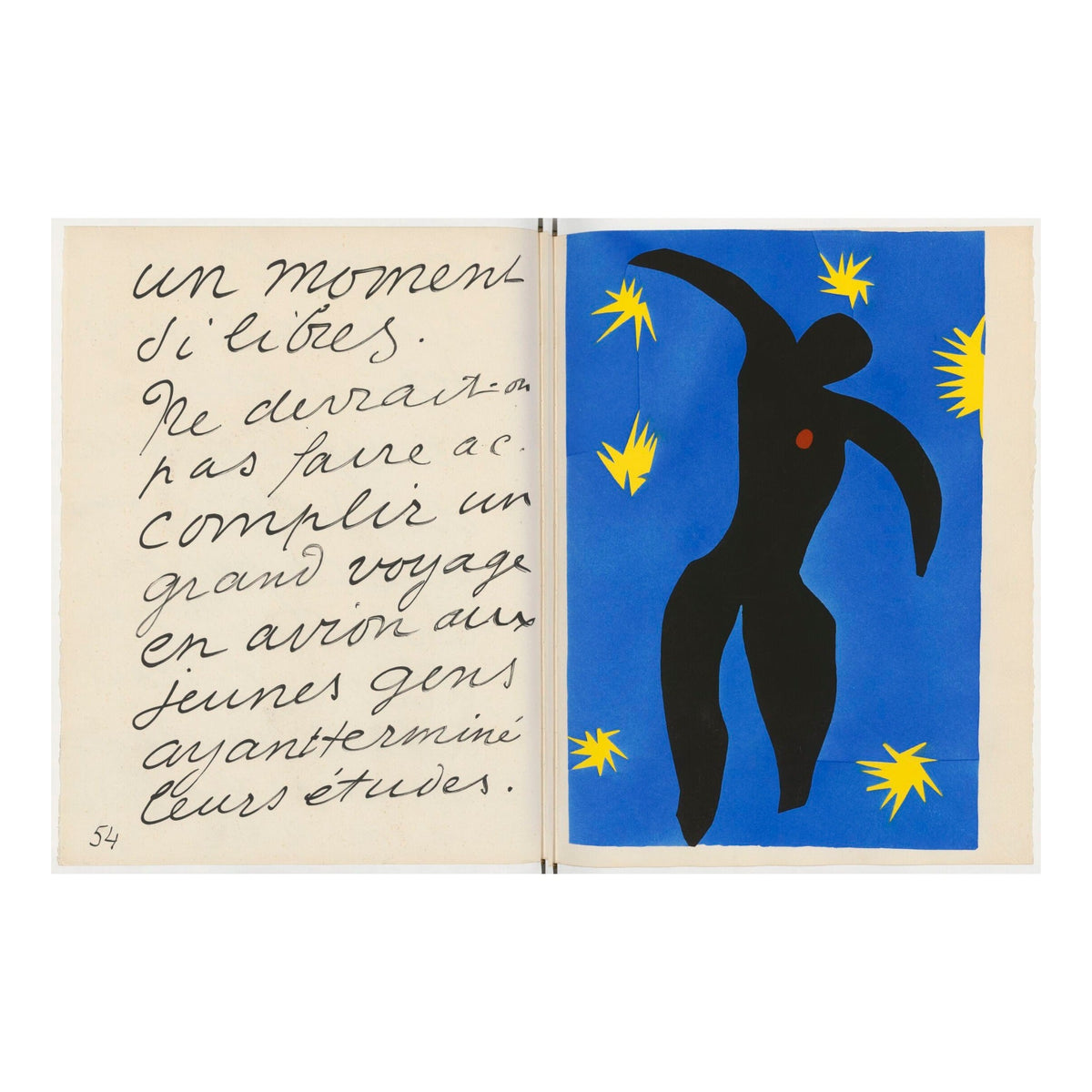 The source object: the opening from Jazz, Paris, Tériade, 1947 — Matisse's handwriting on page 54 facing plate VIII, Icare, in the copy held by the Bibliothèque nationale de France, RES G-Z-165