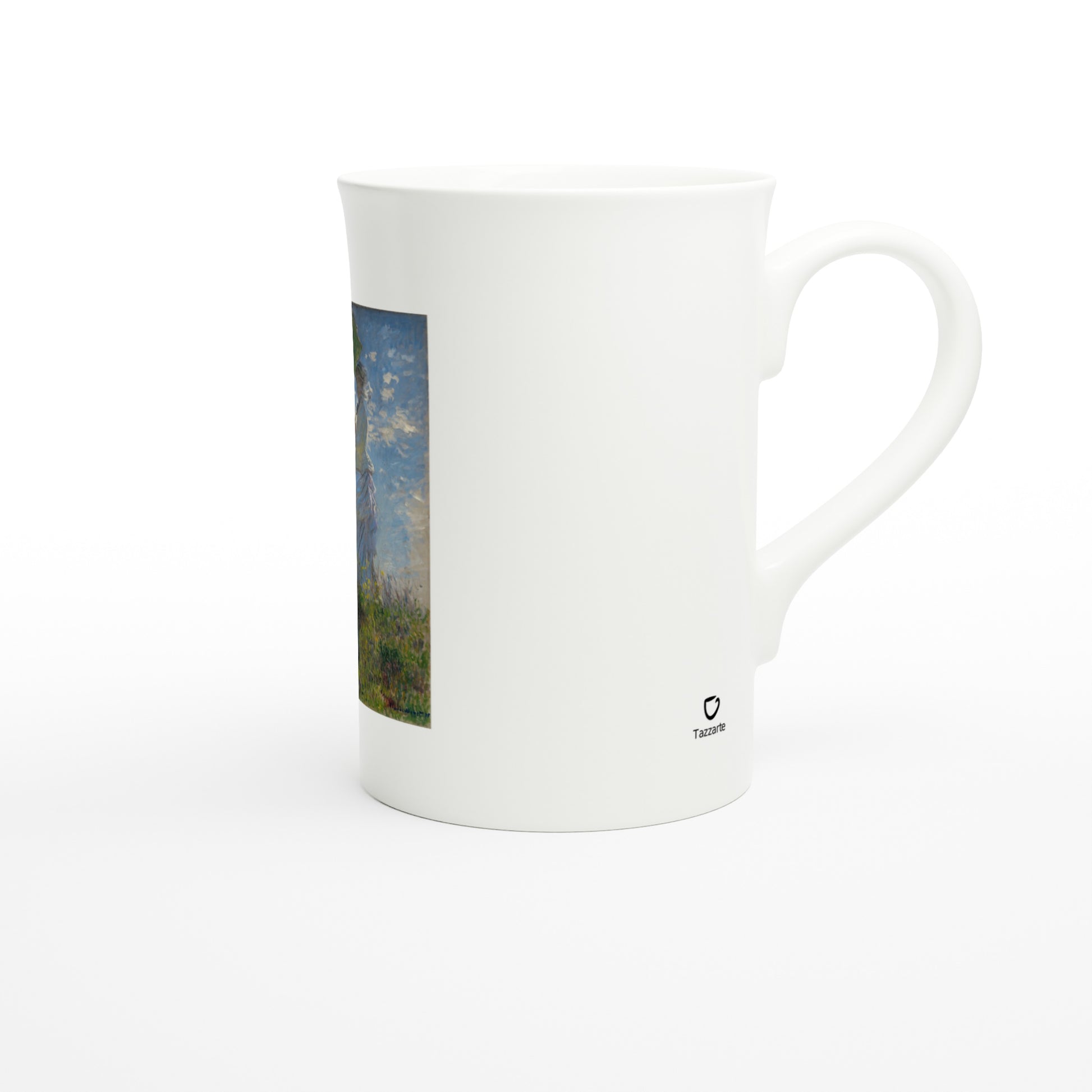 Porzellantasse mit Claude Monets Frau mit Sonnenschirm, rechte Seitenansicht mit Tazzarte-Logo