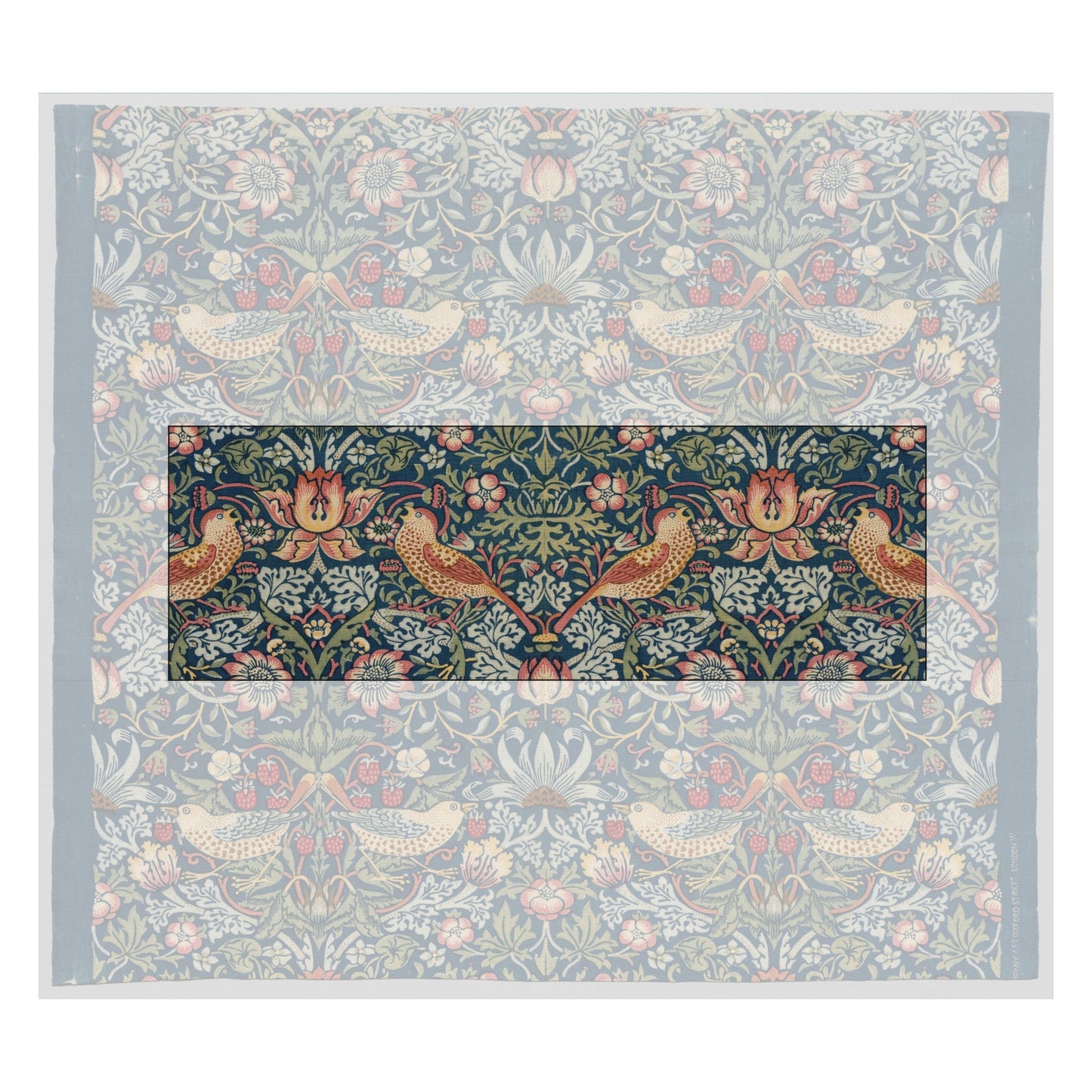William Morris, Strawberry Thief, 1883 – the full block-printed length at the Cleveland Museum of Art (1937.696); the marked section is the one carried on the mug