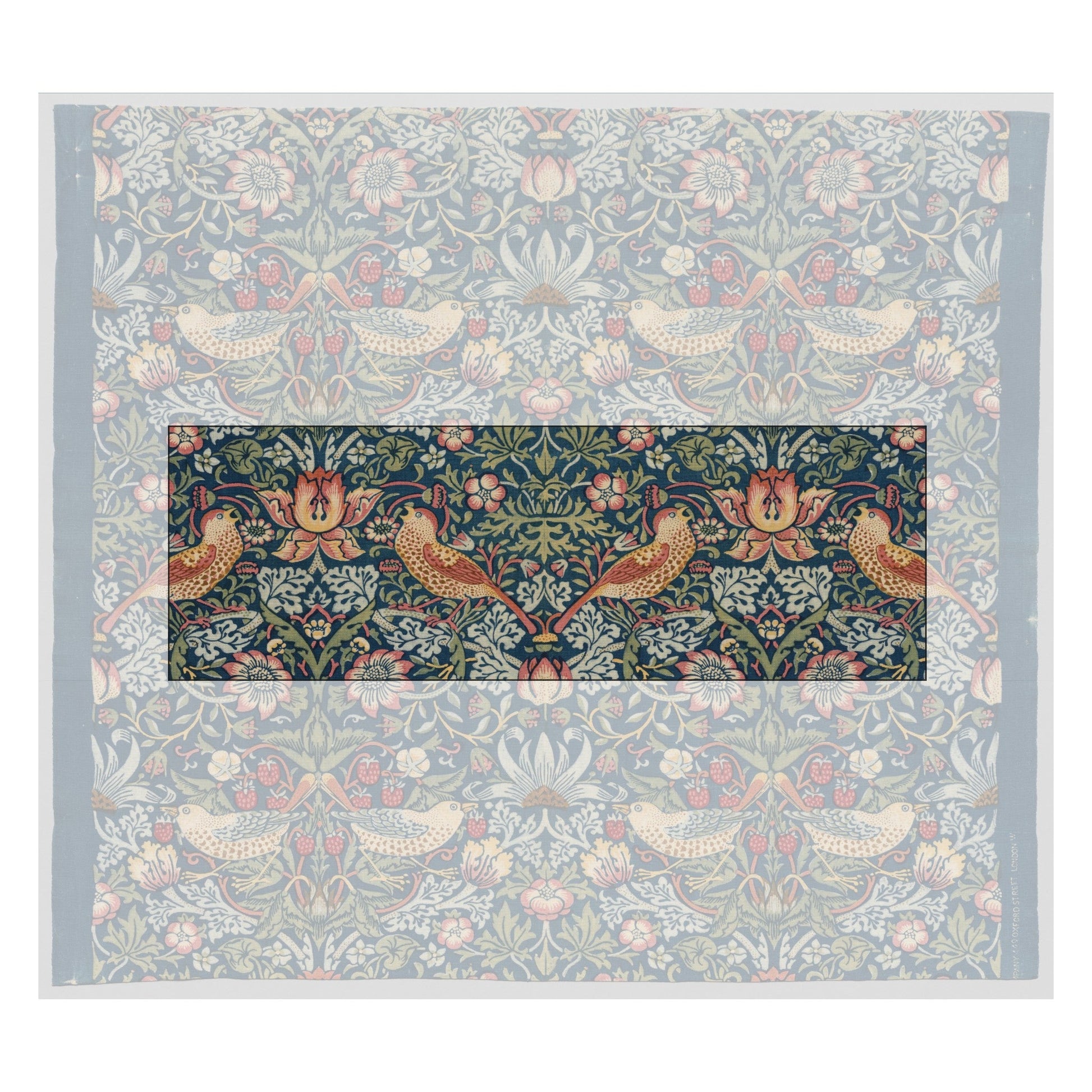 William Morris, Strawberry Thief, 1883 – the full block-printed length at the Cleveland Museum of Art (1937.696); the marked section is the one carried on the mug