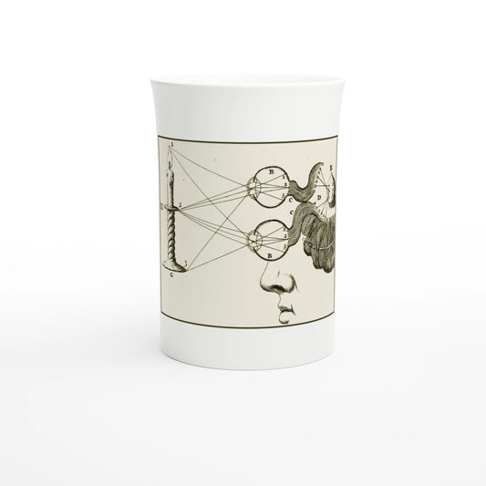 Fine porcelain mug with Jan Luyken's 1682 etching of the eye: a candle, both eyes, the optic nerves and the brain
