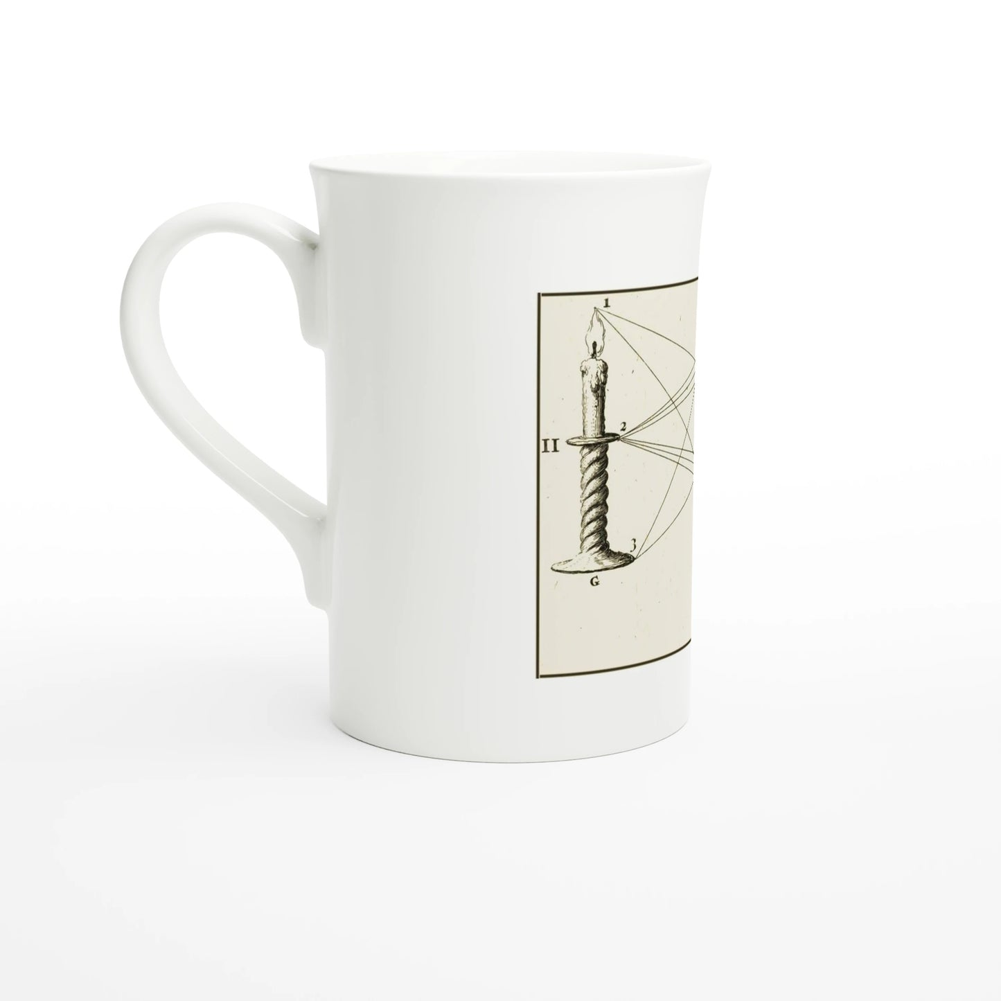 Left side of the mug showing the candle from Luyken's optical diagram