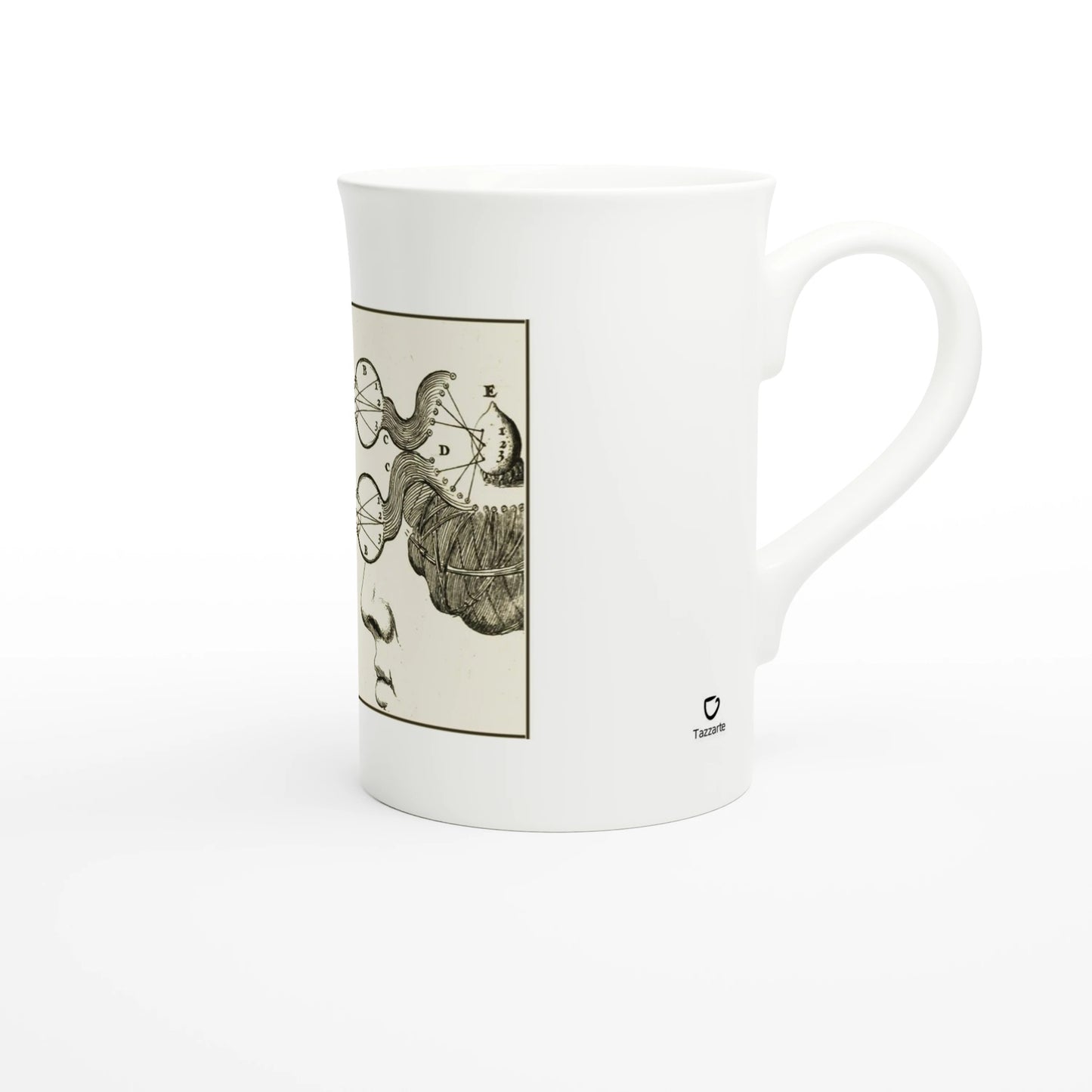 Side view of the mug showing the small black Tazzarte logo