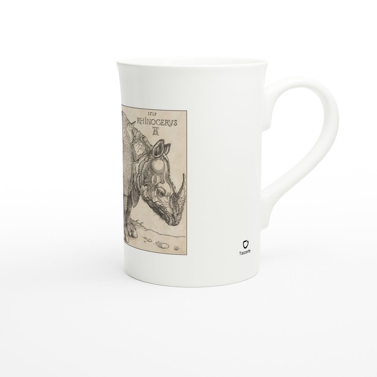 Tazzarte fine porcelain mug, right view with Tazzarte logo beside the handle