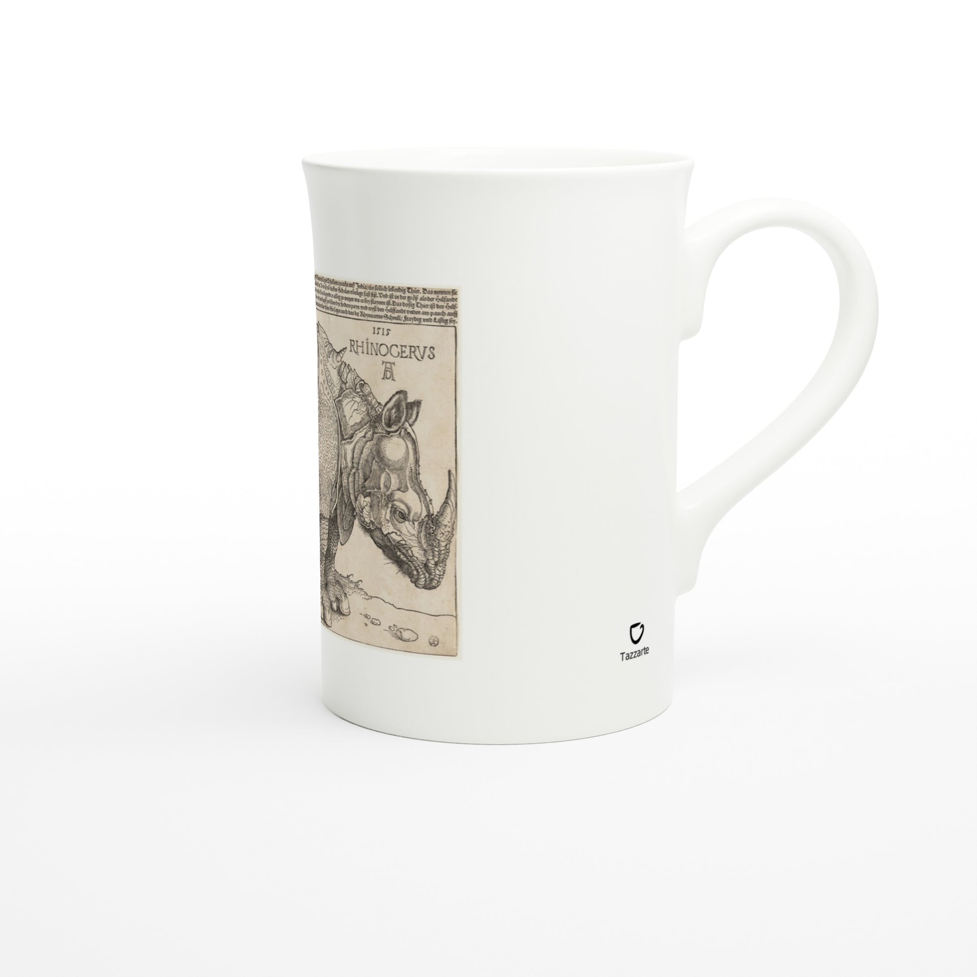 Tazzarte fine porcelain mug, right view with Tazzarte logo beside the handle