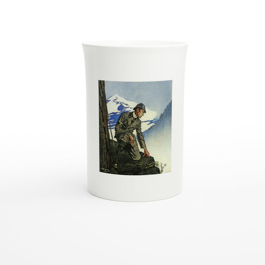 Porzellantasse mit Frederic Dorr Steeles Sherlock Holmes an den Reichenbachfaellen, Frontansicht mit zentriertem Motiv
