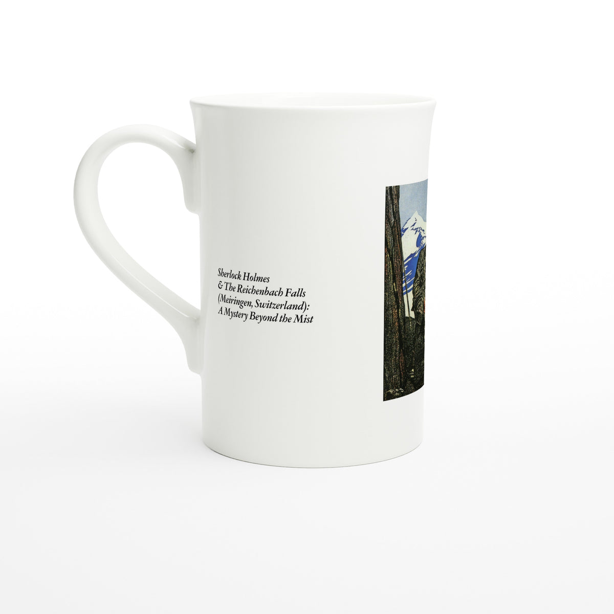 Tazzarte fine porcelain mug, left view with the caption Sherlock Holmes and The Reichenbach Falls